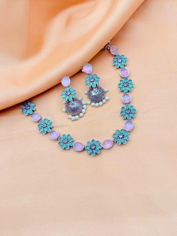 AQUA MIST STONE OXIDIZED NECKLACE SET N-116