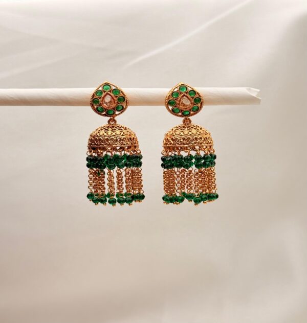 ANTIQUE GOLD-TONE GREEN KEMP JHUMKA EARRINGS
