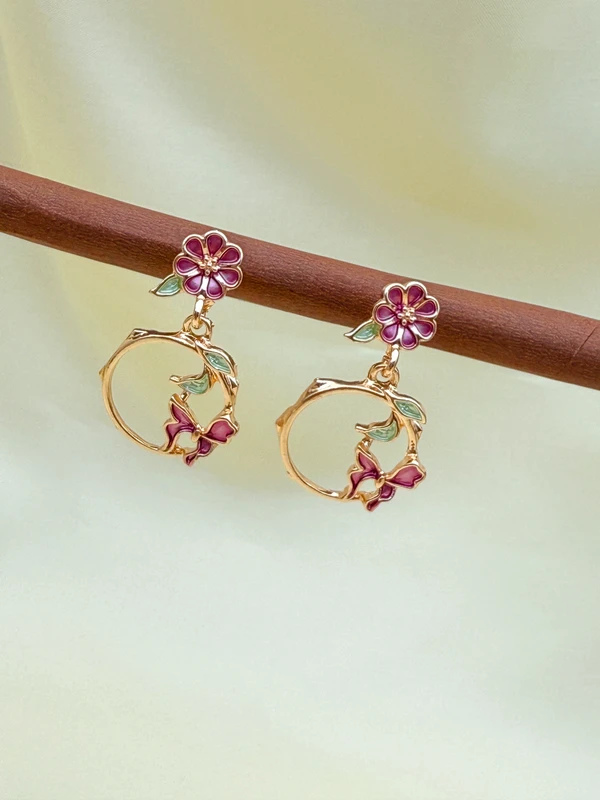 PINK FLOWER BUTTERFLY DROP EARRINGS ES-402