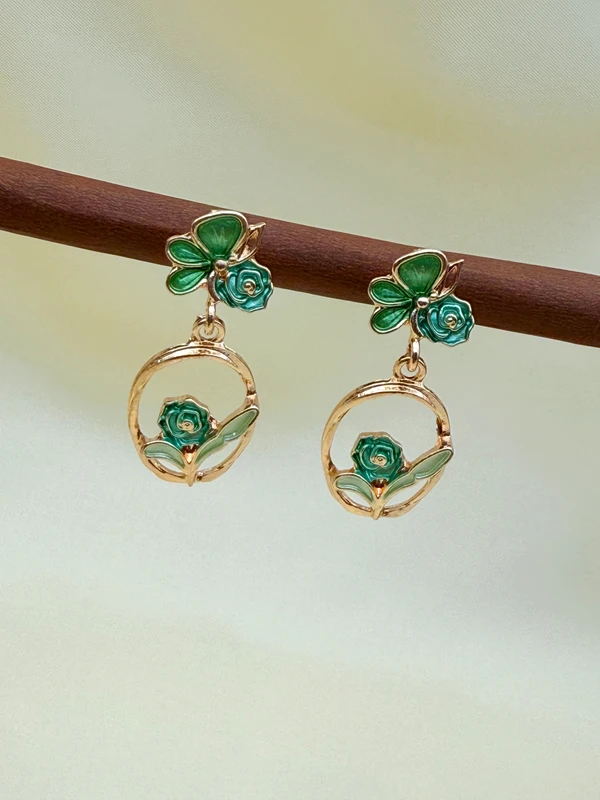 GREEN ROSE FLOWER DROP EARRINGS ES-404