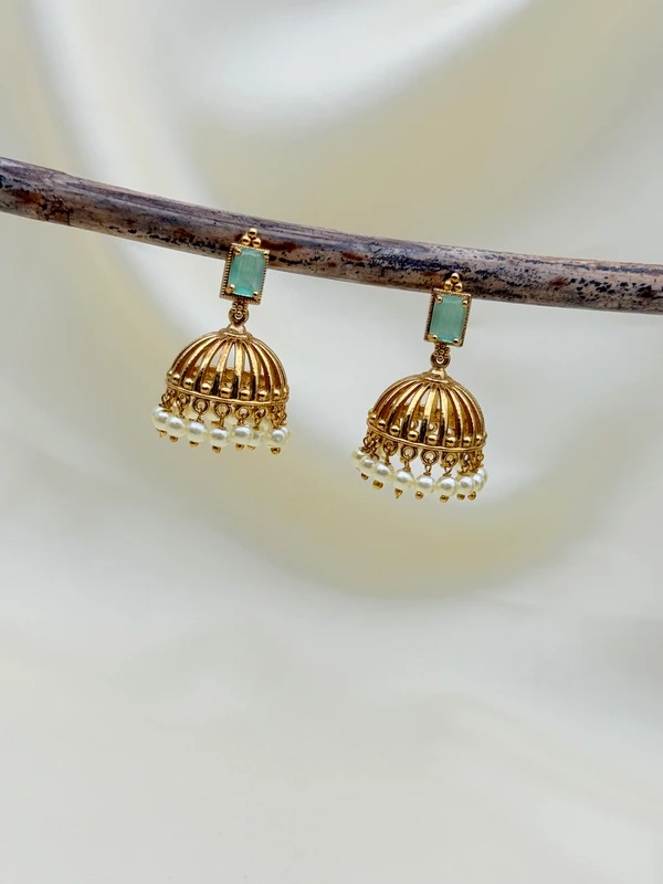 MINT EMERALD PEARL DROP JHUMKA EARRINGS E-413