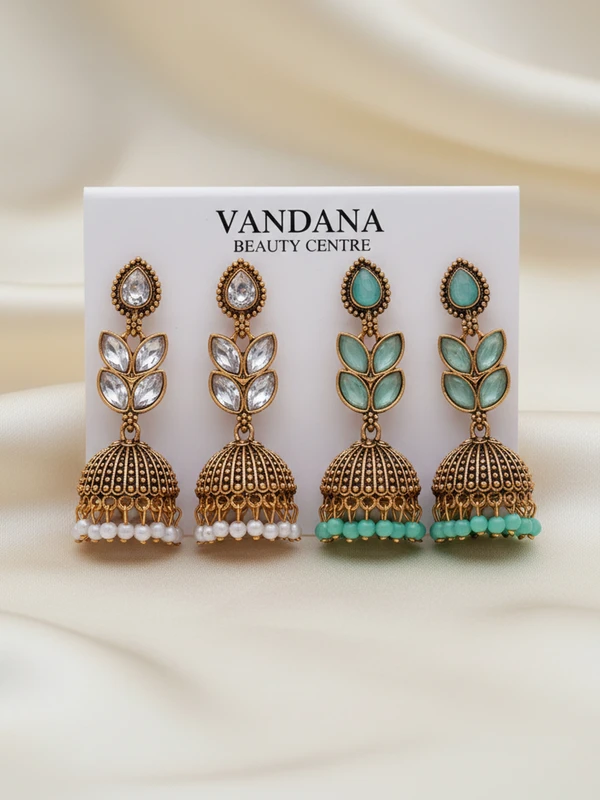 WHITE & MINT GREEN JHUMKA EARRINGS COMBO E-439