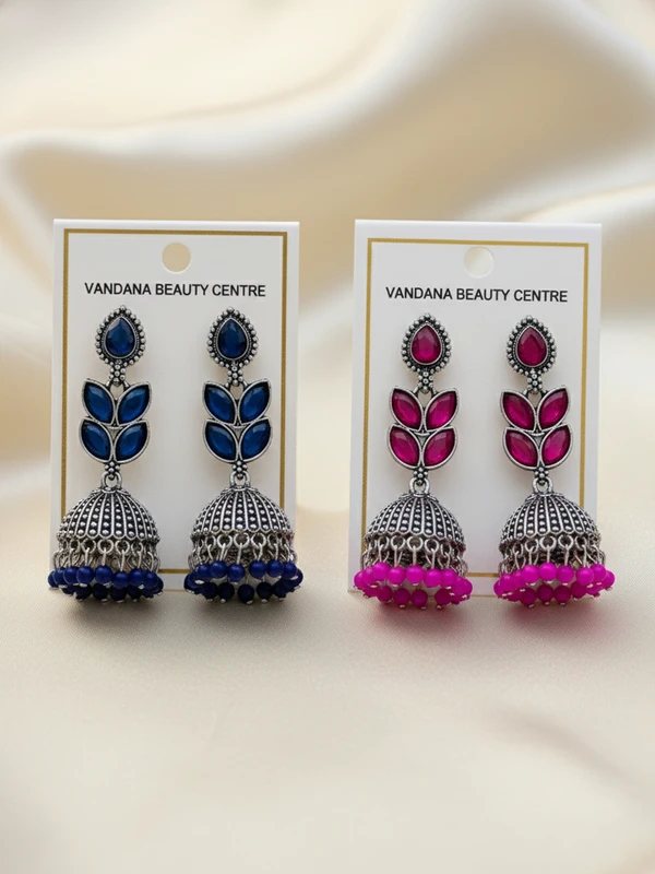 SAPPHIRE & MAGENTA OXIDISED JHUMKA COMBO ER-467