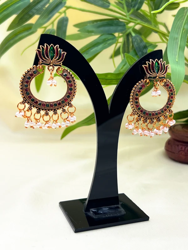 LOTUS EARRINGS WITH PEARL DANGLES E-497