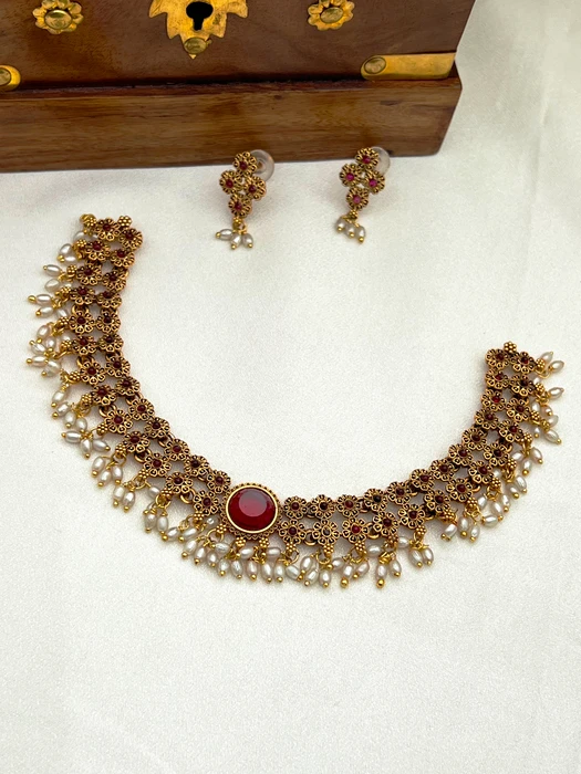 ANTIQUE RUBY PEARL NECKLACE SET N-528